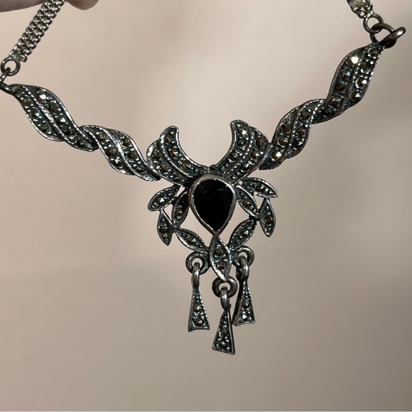 Antique Art Deco 1920's Sterling Silver Marcasite black Onyx Choker necklace - Picture 5 of 17